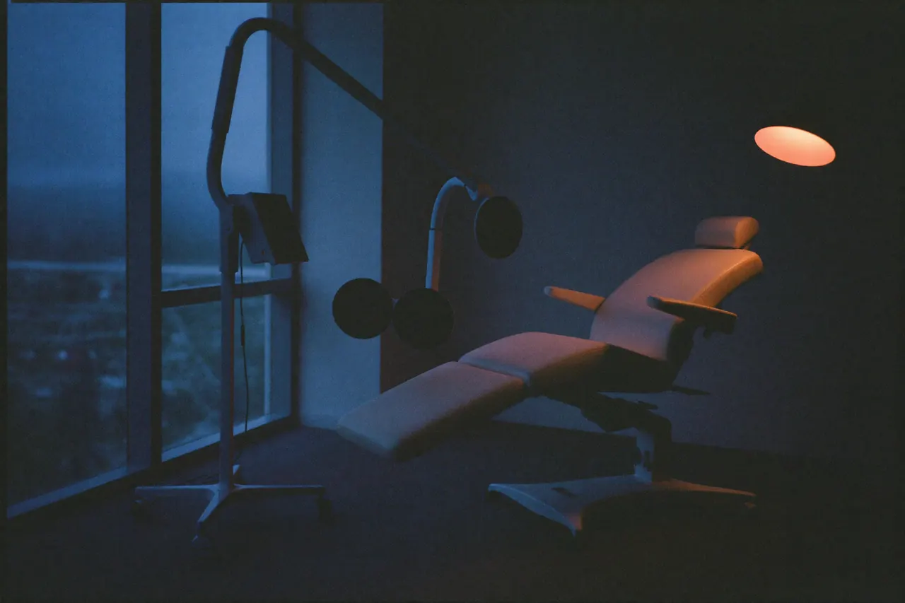 A TMS treatment room at dusk with a recliner and treatment coil